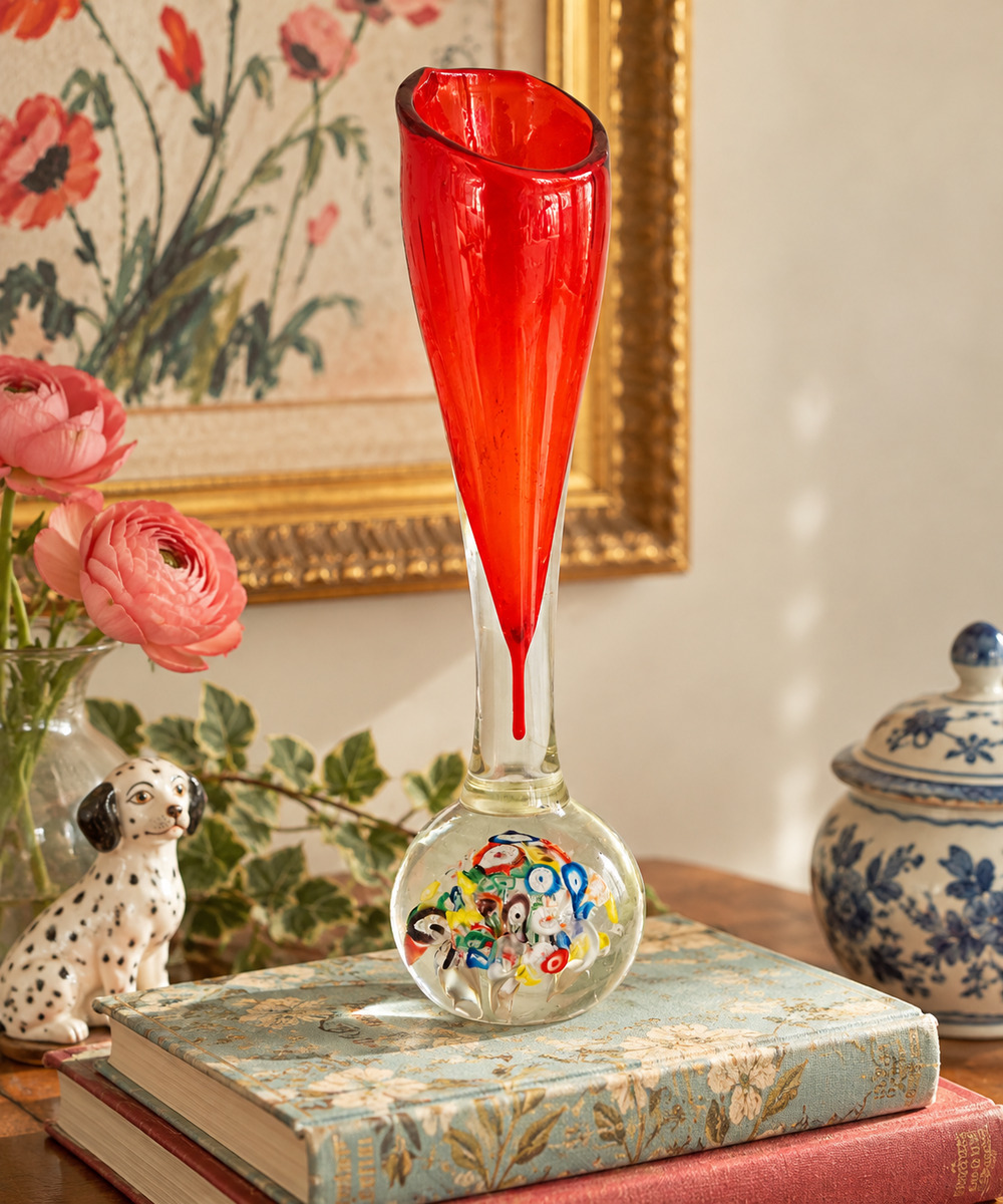 Vintage MCM Lenwile Ardalt Japan Art Glass Vase | Red Millefiori Paperweight